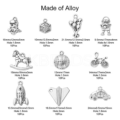 100Pcs 10 Styles Bicycle & Square & Balloon & Robot Tibetan Style Zinc Alloy Charms TIBEP-CJ0002-88-1