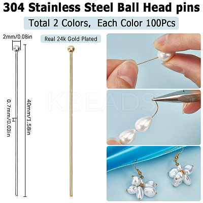 200Pcs 2 Colors 304 Stainless Steel Ball Head pins STAS-SC0007-82-1