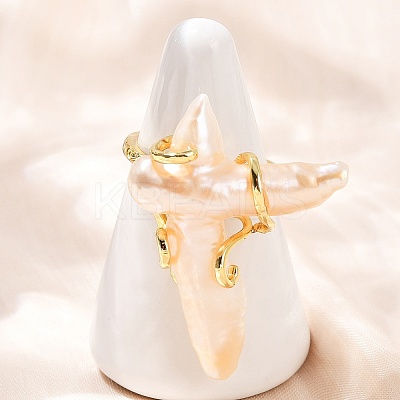 Cross Natural Pearl Finger Rings RJEW-K286-08G-1