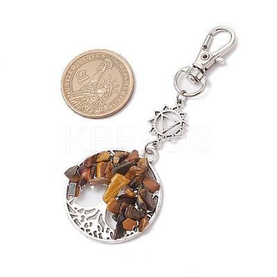 Natural Tiger Eye Chips Beads & Alloy Tree of Life Pendant Decorations HJEW-JM03128-05-1