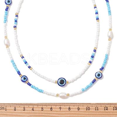 2Pcs 2 Styles Natural Pearl & Blue Resin Evil Eye & Glass Seed Beaded Necklaces for Women NJEW-MZ00152-1