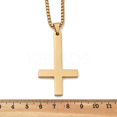 304 Stainless Steel Christian Upside Down Cross Pendant Box Chain Necklaces NJEW-NH0001-07G-1