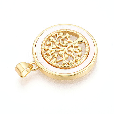 Brass Pave Natural Shell Hollow Flat Round with Tree of Life Pendants KK-N268-26G-1