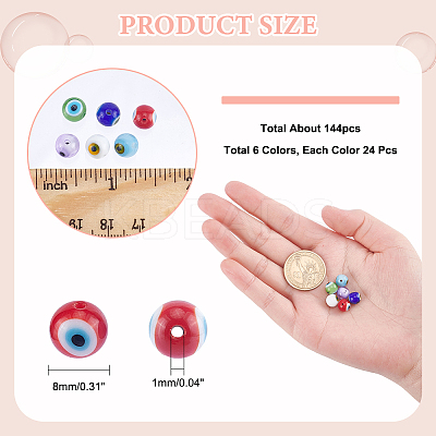 144Pcs 6 Colors Handmade Evil Eye Lampwork Round Bead LAMP-NB0001-76B-1