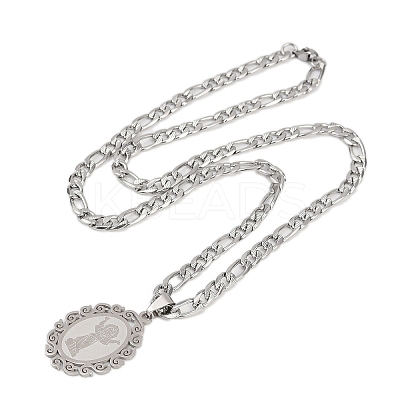 Oval with Virgin Pattern 201 Stainless Steel Pendant Necklaces for Men Women LS-NJEW-K283-22P-1