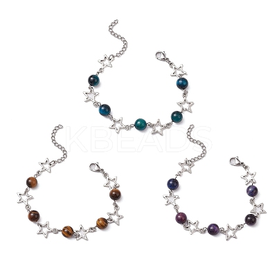 3Pcs Dyed Tiger Eye and Alloy Star Charms Link Bracelets for Women BJEW-TA00559-1