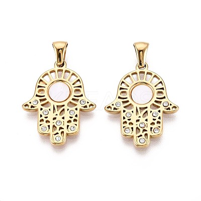 304 Stainless Steel Crystal Rhinestone and Shell Hamsa Hand Pendants STAS-T071-14G-1