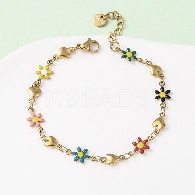 Flower & Heart 304 Stainless Steel Link Bracelets for Women BJEW-F524-06A-G-1
