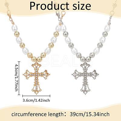 2Pcs 2 Colors Rhinestone Cross Fleury Pendant Necklace with Plastic Beaded Chains NJEW-AN0001-77-1