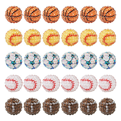 30Pcs 5 Style Basketball & Football & Baseball Pattern Resin Rhinestone Beads RESI-TA0001-77-1