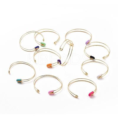 Enamel Safety Pin Shape Open Cuff Bangle BJEW-F445-18G-1