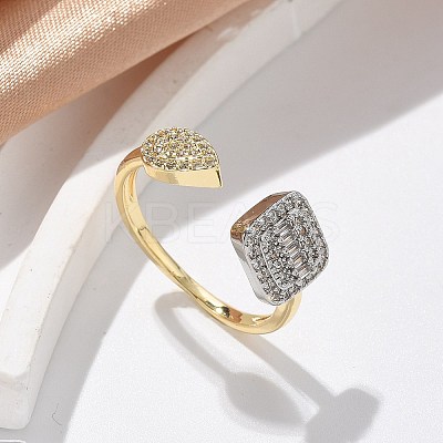Teardrop & Square Brass Micro Pave Clear Cubic Zirconia Cuff Rings for Women RJEW-U041-24G-1