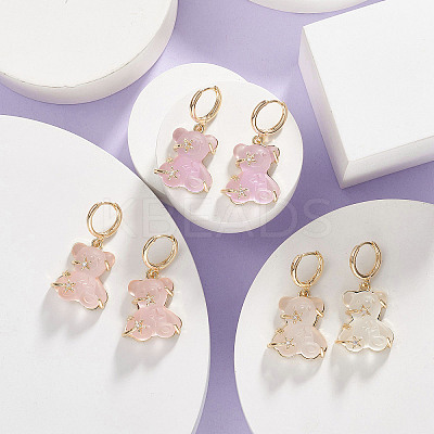 3 Pair 3 Color Resin Bear with Crystal Rhinestone Star Dangle Hoop Earrings EJEW-JE05244-1