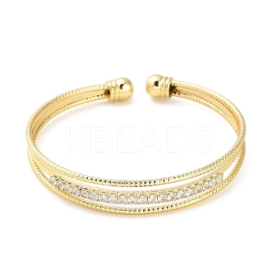 Brass Micro Pave Clear Cubic Zirconia 3-Line Open Cuff Bangles for Women BJEW-M312-06G-1