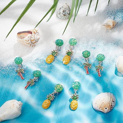 4 Pairs 2 Style Coconut Tree & Pineapple Enamel Dangle Clip-on Earring EJEW-AR0001-08-1