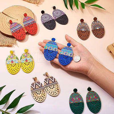 7 Pairs 7 Styles Wood Stud Earrings EJEW-TA0001-51-1