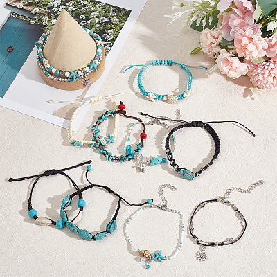 10Pcs 10 Style Synthetic Turquoise & Natural Shell & Seed Braided Bead Bracelet & Anklet AJEW-AN0007-10-1