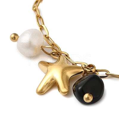 Natural Obsidian & Fresheater Pearl & Starfish Charm Bracelets BJEW-K237-06G-01-1