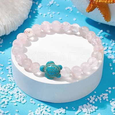 Natural Rose Quartz & Synthetic Turquoise Turtle Beaded Stretch Bracelet BJEW-JB09699-02-1