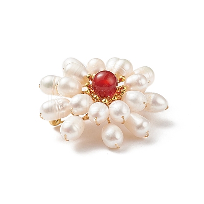 Natural Carnelian & Pearl Braided Bead Flower Lapel Pin JEWB-TA00006-02-1