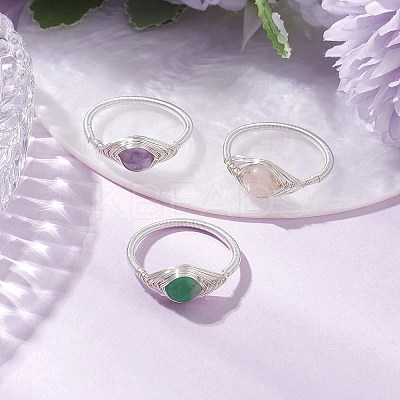 Horse Eye Natural Green Aventurine & Amethyst & Rose Quartz Finger Rings RJEW-JR00843-02-1