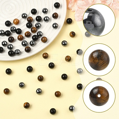 60Pcs 3 Styles Natural Tiger Eye & Obsidian & Synthetic Non-Magnetic Hematite Round Beads G-YW0002-73-1