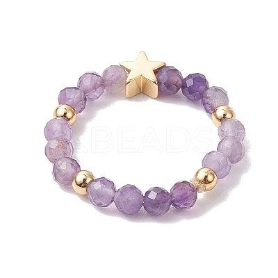 Round Natural Apatite & Green Aventurine & Amethyst & Moss Agate Beads Stretch Rings for Women RJEW-JR00714-02-1