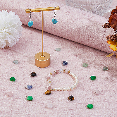 48Pcs 6 Styles Natural Rose Quartz & Blue Spot Jasper & Amethyst & Tiger Eye & Fluorite & Malaysia Jade Heart Charms with Platinum Tone Brass Loops PALLOY-DC00014-1