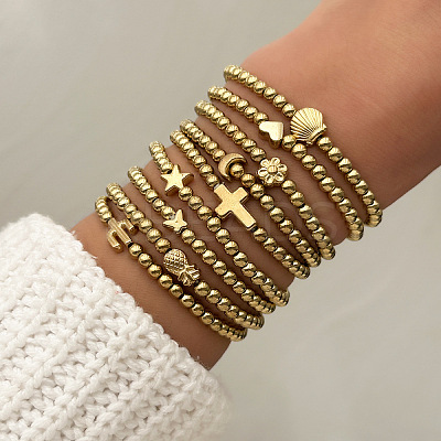 Round CCB Plastic & Alloy Beaded Stretch Bracelets for Women WG68281-01-1