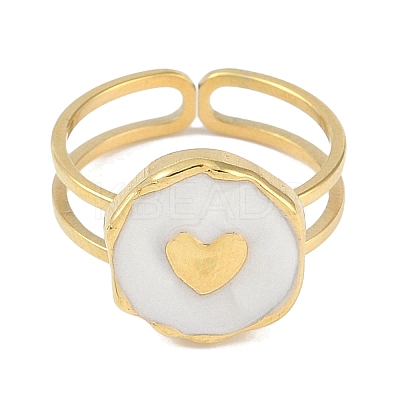 Ion Plating(IP) 304 Stainless Steel Enamel Flat Round with Heart Cuff Finger Rings X-RJEW-L107-073G-01-1