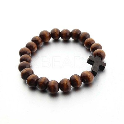Wood Cross & Round Beaded Stretch Bracelets for Men FS-WG25A82-02-1