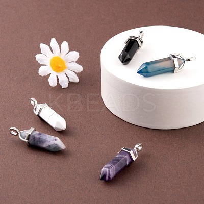 5Pcs 5 Style Natural Mixed Gemstone Pointed Pendants G-FS0001-31-1