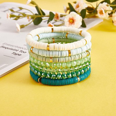 7Pcs 7 Style Handmade Polymer Clay Heishi Surfer Stretch Bracelets Set BJEW-SW00073-03-1
