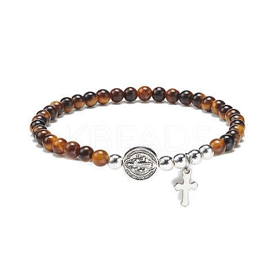 7Pcs 7 Style Natural Mixed Gemstone & Alloy Saint Benedict Medal Beaded Stretch Bracelets Set BJEW-JB08877-1