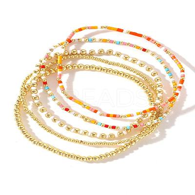 5Pcs 5 Styles Round Brass & Column Glass Seed Beads Stretch Bracelets YH8018-1-1
