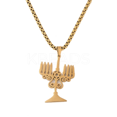 PVD Vacuum Plating 304 Stainless Steel Judaica Temple Menorah Pendant Necklaces NJEW-N055-21G-1