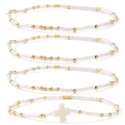 4Pcs Bohemian Summer Cross & Glass Seed Bead Beaded Stretch Bracelet Sets BE5944-6-1
