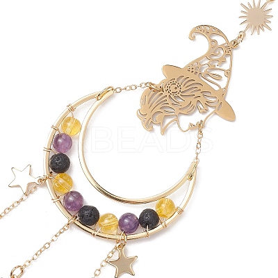 Halloween Natural Amethyst & Lava Rock & Synthetic Citrine Beads & Metal Witch & Moon Hanging Ornaments HJEW-TA00251-1