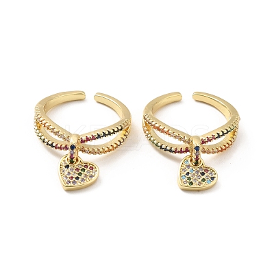 Rhinestone Heart Charm Open Cuff Ring RJEW-M142-09G-1