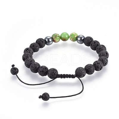 Natural Lava Rock and Non-Magnetic Synthetic Hematite Beads Braided Bead Bracelets BJEW-JB03975-04-1