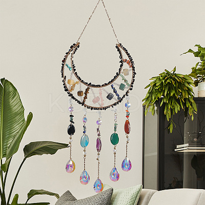 Brass Wire Wrapped Natural Mixed Gemstone Chips Moon Suncatchers HJEW-D302-05-1