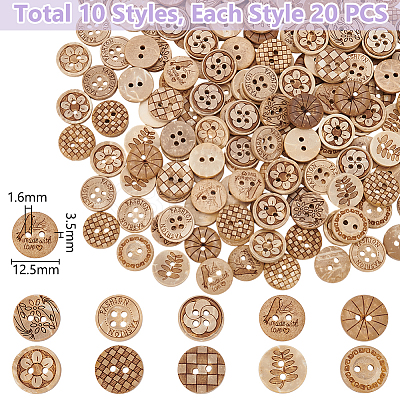 200Pcs 10 Styles 2-Hole Natural Coconut Buttons DIY-GA0008-28-1