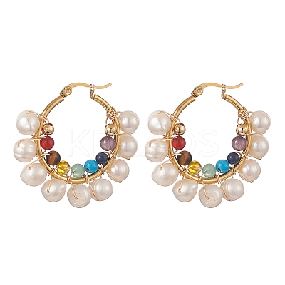 Natural & Synthetic Mixed Gemstone & Pearl Beaded Hoop Earrings EJEW-JE05233-1