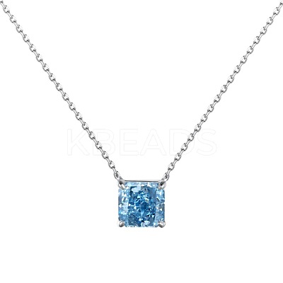 Square Rhodium Plated 925 Sterling Silver Pave 8A Deep Sky Blue Cubic Zirconia Pendant Cable Chain Necklaces for Women NJEW-F330-04P-1