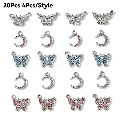 20Pcs 5 Styles Platinum Alloy Crystal Rhinestone Pendants ALRI-YW0001-22-1