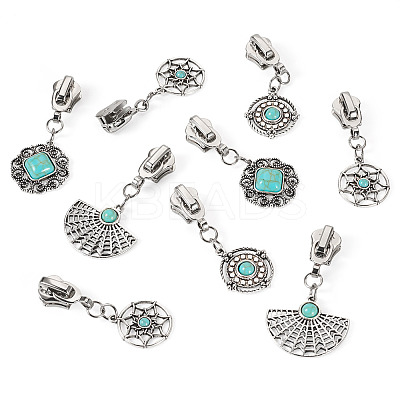16Pcs 4 Styles Alloy with Synthetic Turquoise Zipper Pulls HJEW-TAC0098-1