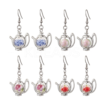 304 Stainless Steel Handmade Flower Printed Porcelain Ceramic Beads Dangle Earrings EJEW-JE06288-1