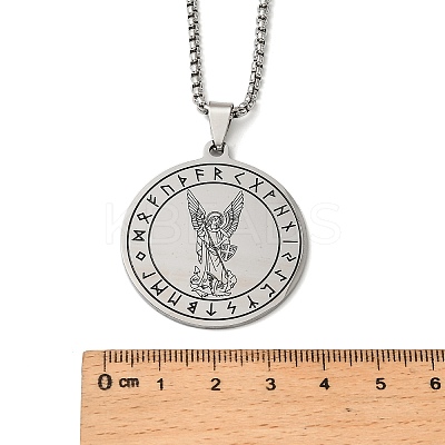 201 Stainless Steel Flat Round with Archangel Saint Michael Pendant Necklaces for Women Men LS-NJEW-F344-02P-1