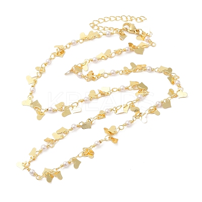 Brass Heart & ABS Plastic Imitation Pearl Beaded Link Chain Necklaces for Women NJEW-G100-03G-1