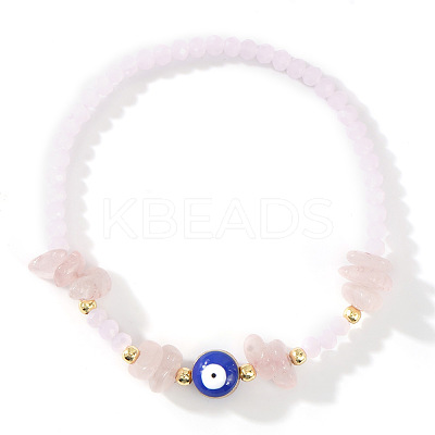 Natural Rose Quartz Chip & Brass Evil Eye & Glass Beaded Stretch Bracelets for Daily Wear PI9480-3-1